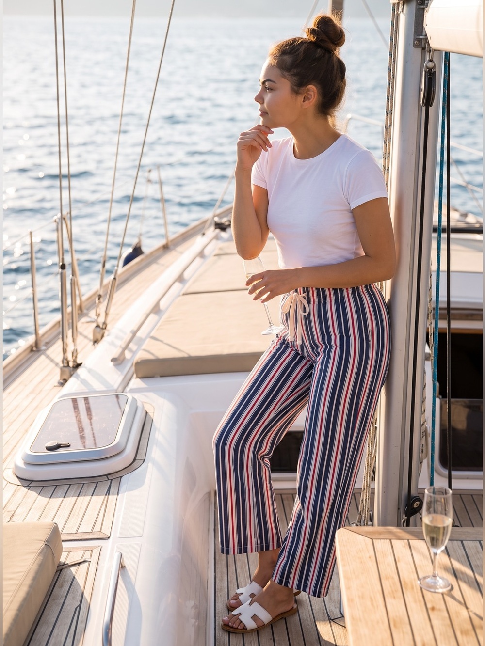 Aprils Kiss Striped Linen Beach Wide-Leg Pants - Navy, White & Red